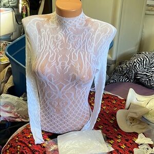 White Long Sleeve Fitted Bodysuit with Graphic Design